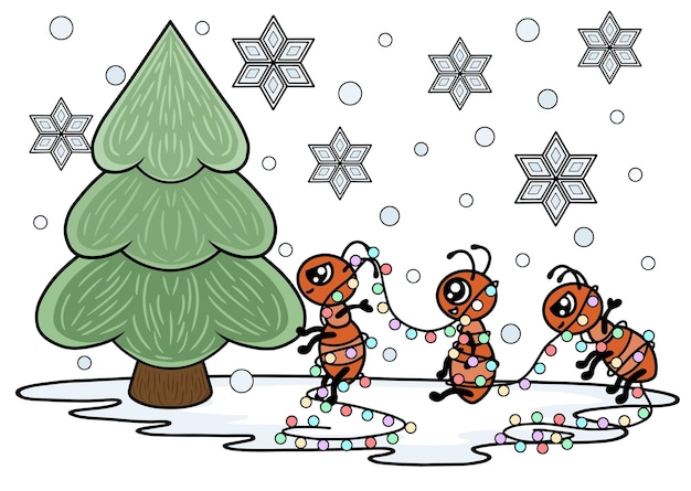 Ants with Christmas tree and lights Winter vector art