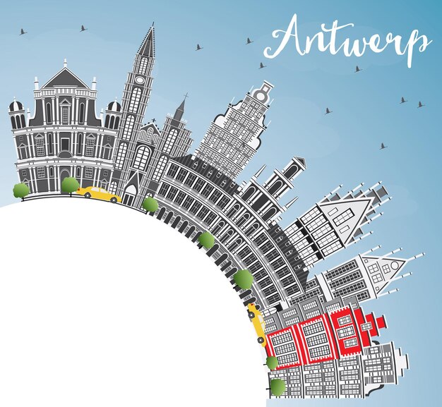 Antwerp Skyline with Gray Buildings, Blue Sky and Copy Space. Vector Illustration. Business Travel and Tourism Concept with Historic Architecture. Image for Presentation Banner Placard and Web Site.