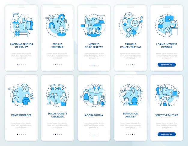 Anxiety disorder blue onboarding mobile app screen set. Healthcare walkthrough 5 steps graphic instructions pages with linear concepts. UI, UX, GUI template. Myriad Pro-Bold, Regular fonts used