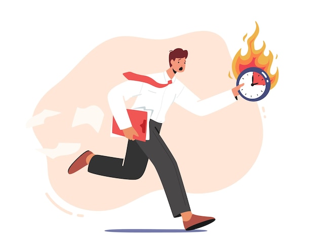 Anxious Businessman Character Run with Document Folder and Burning Clock