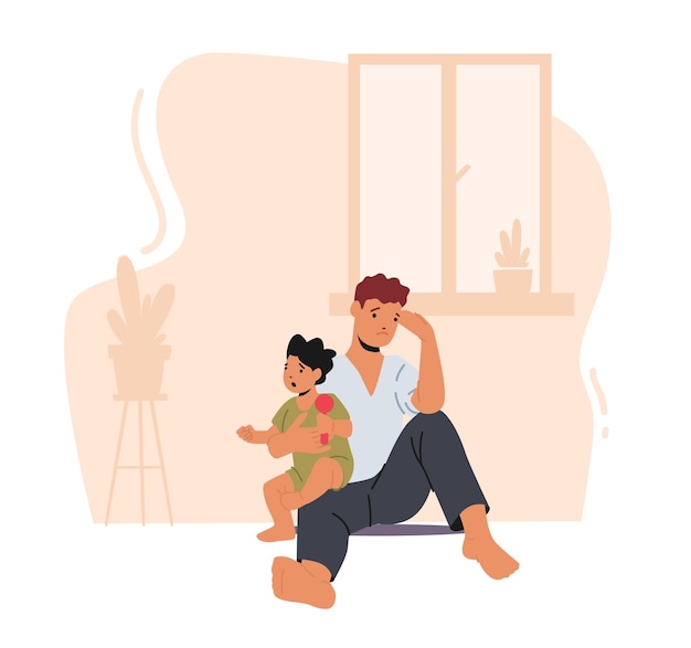 Anxious Tired Dad with Little Child Sitting on Floor Parent Depression Tiredness Depressed Sleepy Father Character at Home with Baby Parenting Fatigue Anxiety Cartoon People Vector Illustration