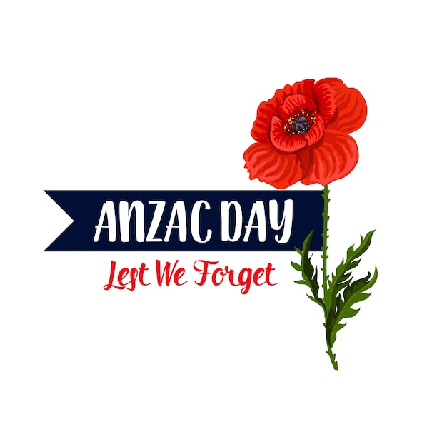 Anzac Day Lest We Forget poppy vector ribbon icon