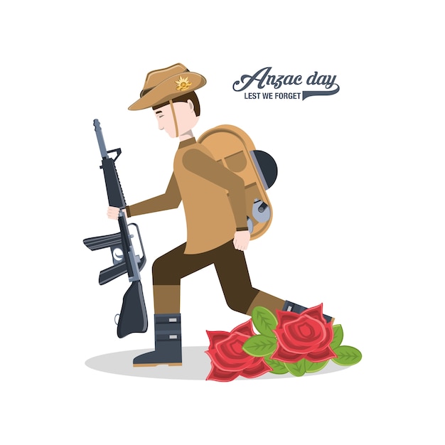 Anzac soldier holding a weapon and poppies