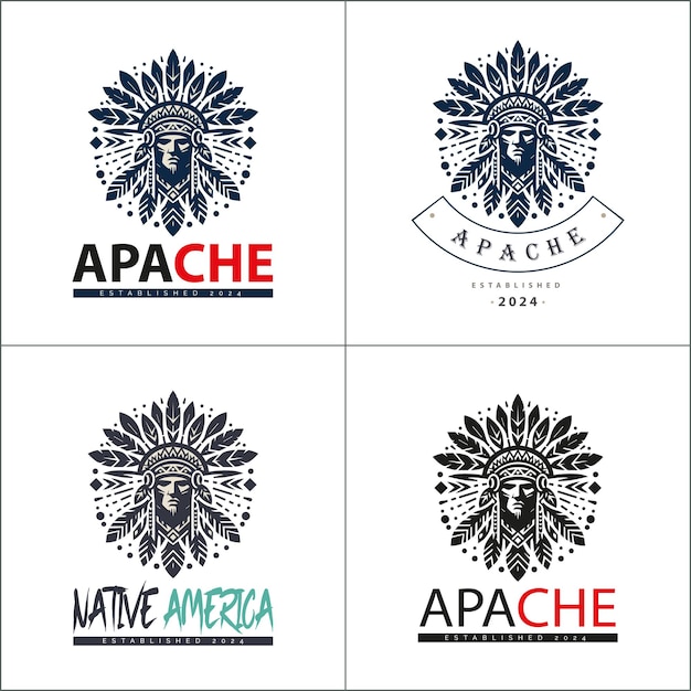 Vector apache indian aztec native american warrior tribes face head logo set silhouette template design