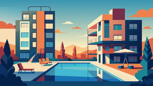 Vector an apartment complex with a pool and playground vector illustration flat 2