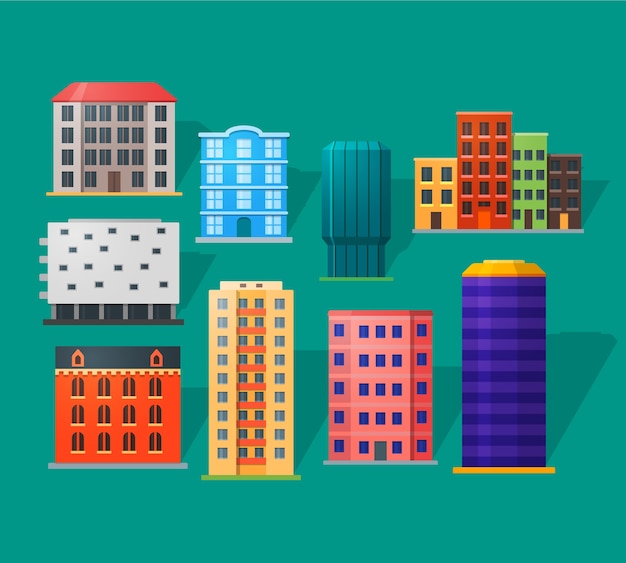 Apartment houses icons set in detailed flat style. Modern and old apartments. For city building.