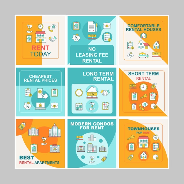 Vector apartment rental social media posts mockups pack. realty. advertising web banner design template. social media kit booster, content layout. isolated promotion posters with frames, linear icons