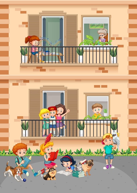 Apartment windows with neighbors cartoon character