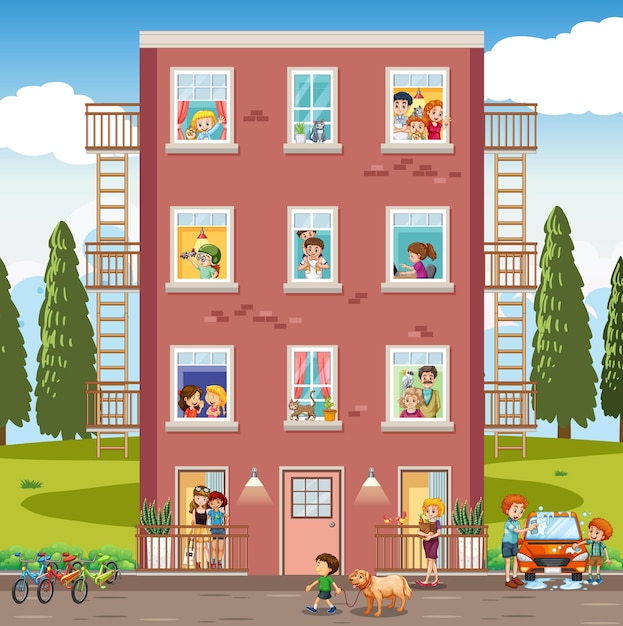 Apartment windows with neighbors cartoon character