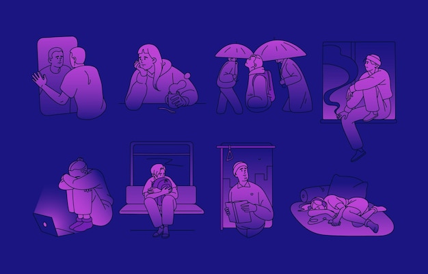 Apathetic people with apathy and depression Psychology mental disorder concept Tired depressed bored inactive men women with exhaustion melancholy Isolated flat graphic vector illustrations set