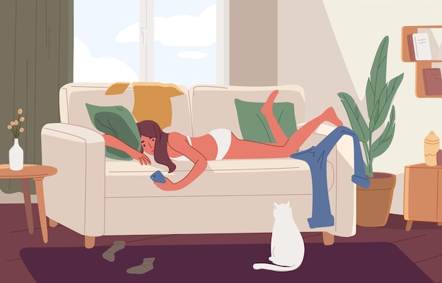 Apathetic young woman lying on sofa in messy room or apartment and surfing internet on smartphone. Lazy girl resting on couch at home. Apathy and indifference. Flat cartoon vector illustration.