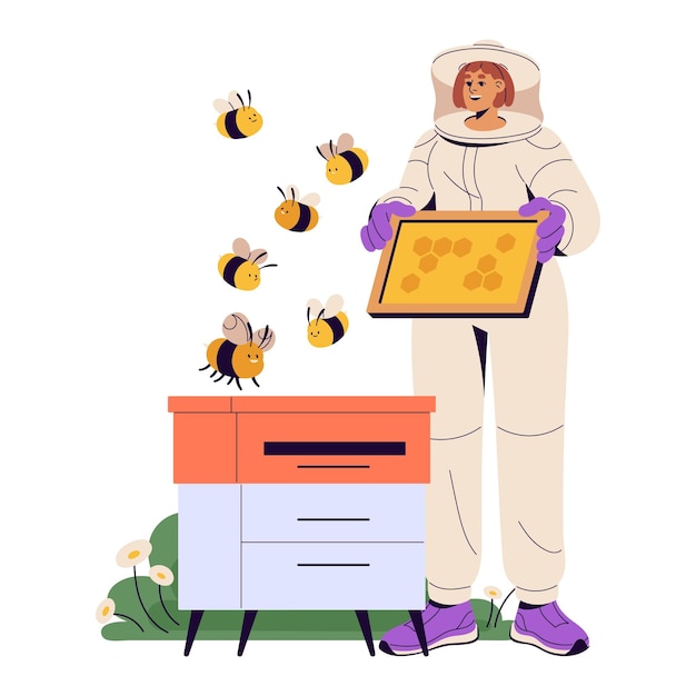 Apiarist in protective suit holds honeycomb frame of beehive Beekeeper gathers harvest of bee garden Honey farmer collects propolis from honeybee hive Flat vector illustration isolated on white