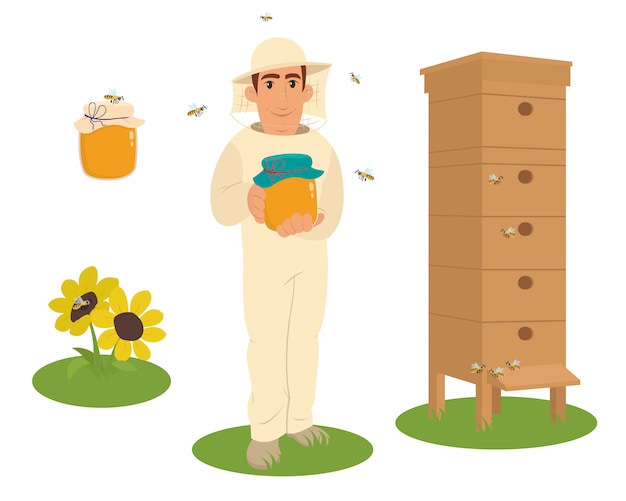 Apiary beekeeper illustration