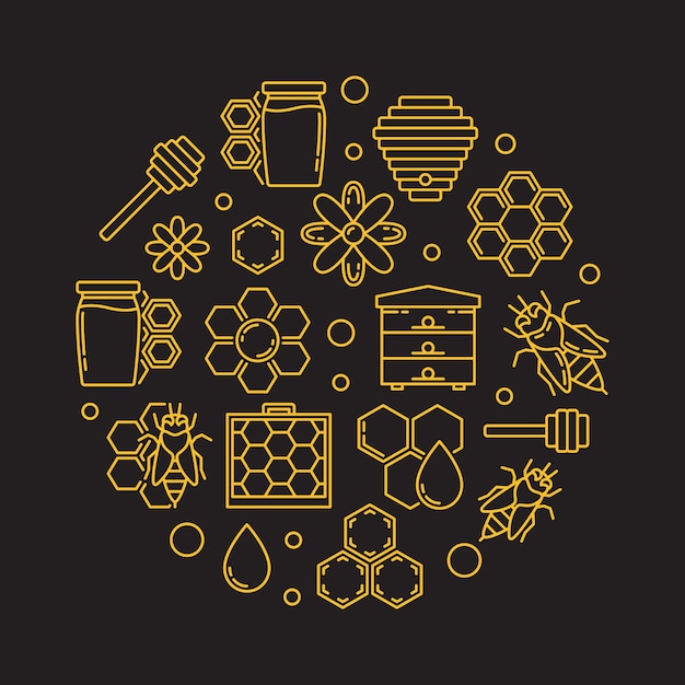 Apiary and beekeeping round vector illustration in thin line style