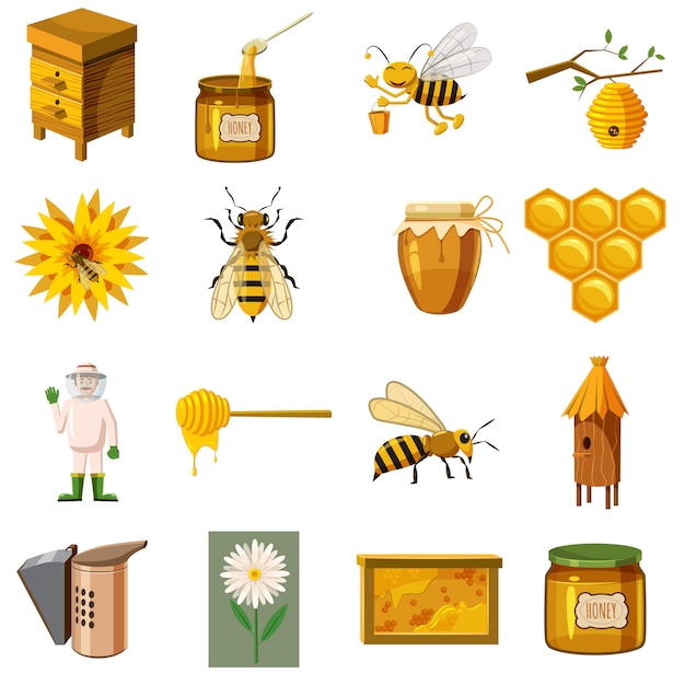 Apiary icons set, cartoon style