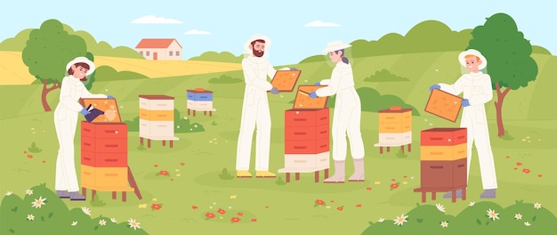 Apiary workers Garden beekeeping beekeeper care bee honey production people working keepe honeybee farm pollen beeswax countryside nature landscape garish vector illustration