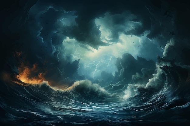 Apocalyptic dramatic background giant tsunami waves dark stormy sky Tornado Huge waves Tsunami B