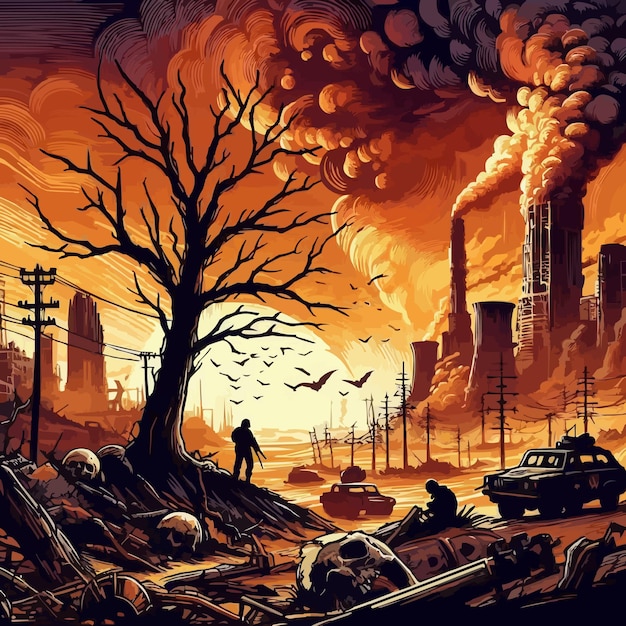 Vector apocalyptic landscape with war zone destruction environment and a dead tree silhouette