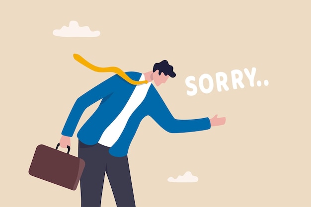 Apologize or say sorry regret for what happen asking for forgiveness professional or leadership after mistake or failure pardon or feel sad concept businessman bow down say sorry for apologize