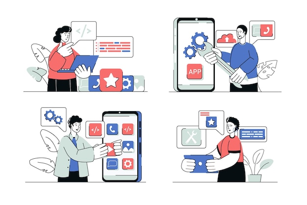 App development concept set in flat line design Men and women create mobile applications