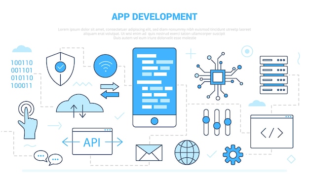 App development concept with icon set template  with modern blue color style 