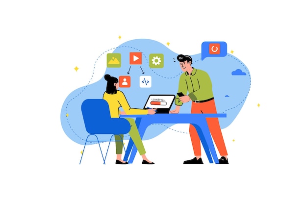 App development concept with people scene in the flat cartoon style Supervision explains to the programmer what she need to do with application Vector illustration