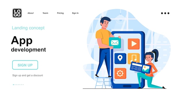 App development landing page template with people character