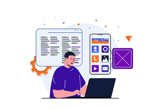 App development modern flat concept for web banner design Male designer works with mobile app