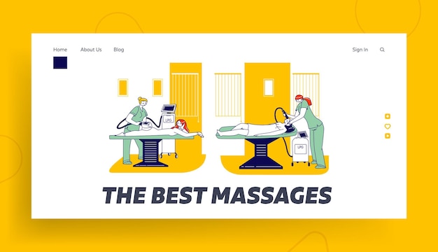 Apparatus Cosmetology Landing Page Template. Female Characters Having Procedure of Lpg on Body and Face in Clinic. Women Getting Anti Cellulite Massage in Spa Salon. Linear People Vector Illustration