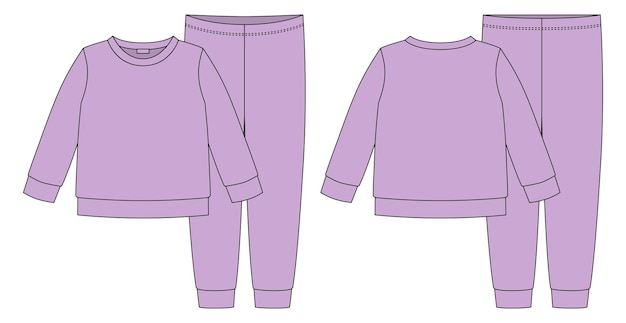 Apparel pajamas technical sketch Girls cotton sweatshirt and pants Childrens outline nightwear design template Lilac color Front and back view CAD fashion design Vector illustration