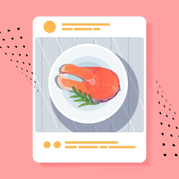 appetizing photo of fresh raw salmon fish and herbs on plate food blogging social media blog post food hunter review concept vector illustration