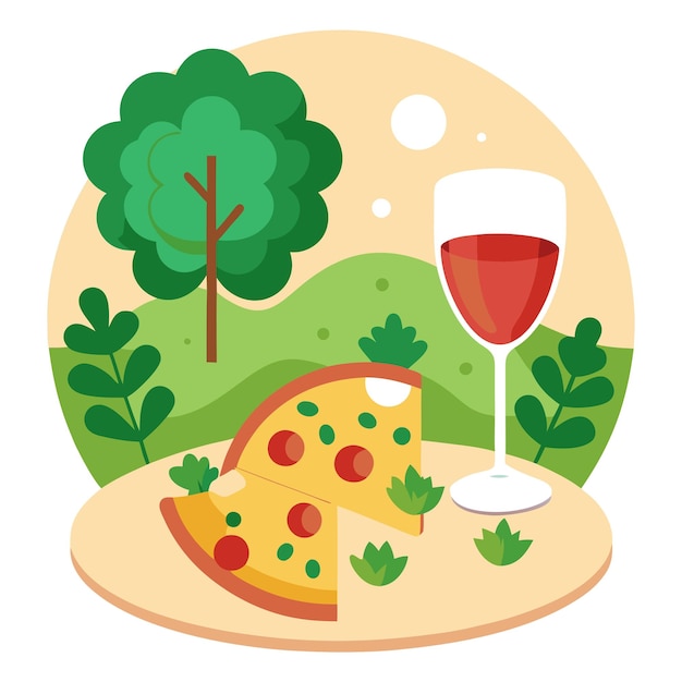 Vector appetizing pizza and a glass of wine against the backdrop of fresh greenery restaurant serving of