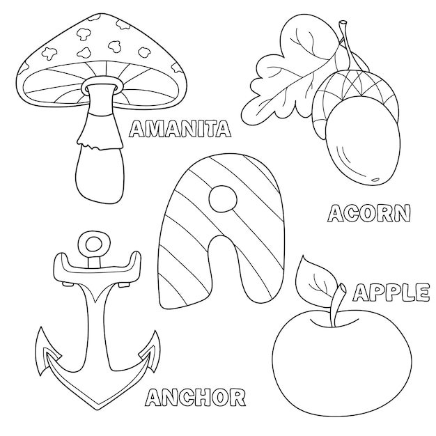 Apple, anchor, amanita, acorn letter A in kids alphabet. Hand drawn outline cartoon character and letter for childrens typeface, for baby developing card, kids ABC