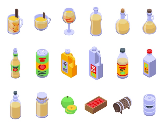 Apple cider icons set isometric vector Beer splash