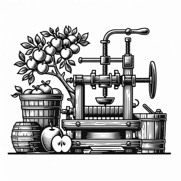 Apple cider press Silhouette line art vector illustration on white background