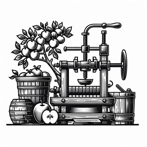 Vector apple cider press silhouette line art vector illustration on white background