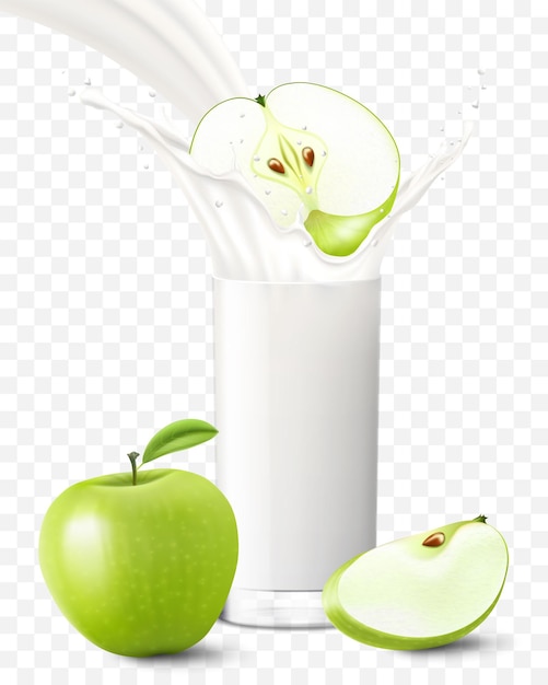 Apple falling in a glass of milk or yogurt Sweet milk splashes Fruit milkshake advertising banner yogurt jet flying drops white drink in glass cup Realistic 3d vector illustration isolated