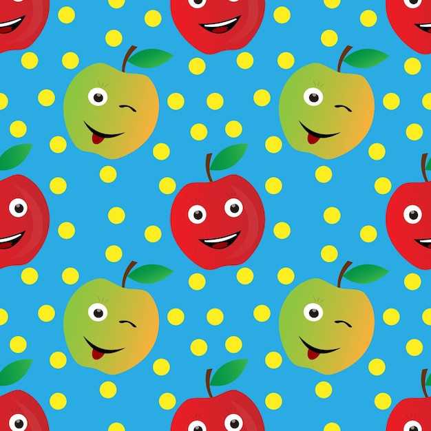 Apple fruit vector design with cartoon face character blue background seamless pattern design for wallpaper backdrop cover print design and your design needs