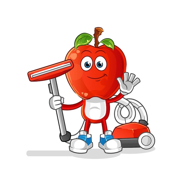 Apple head cartoon clean with a vacuum  character vector