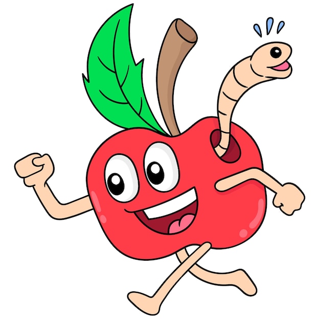 Apple is having a happy face laughing running around with a caterpillar on its body, vector illustration art. doodle icon image kawaii.