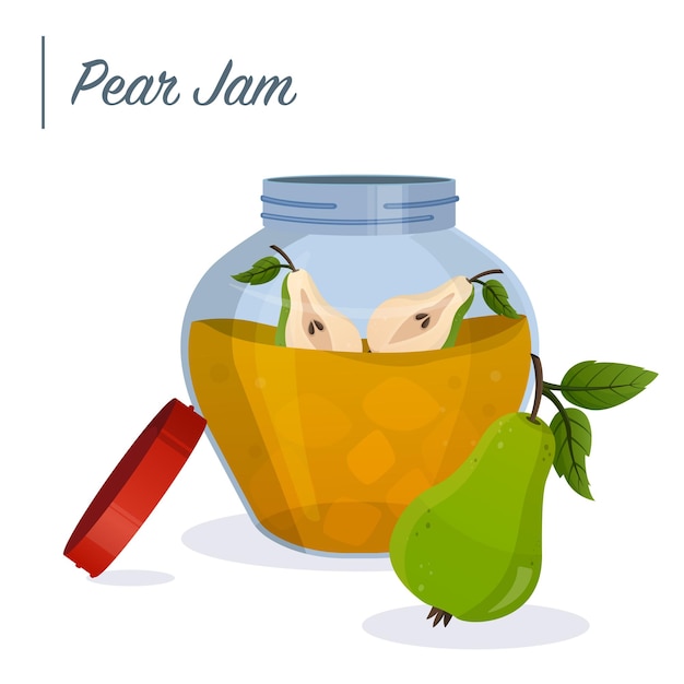 Apple jam in jar Apple confiture Vector food illustration in cartoon flat style Breakfast