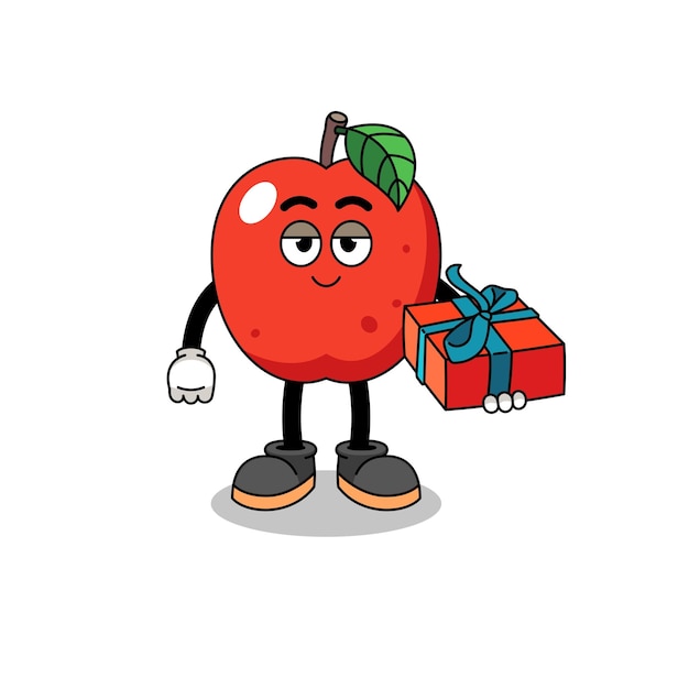 Apple mascot illustration giving a gift character design