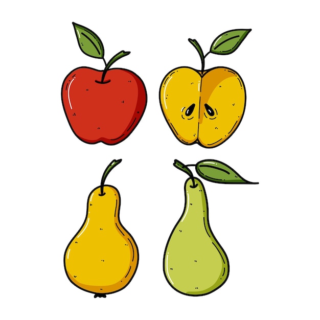 Apple and pear characters set with funny face Happy cute cartoon collection of kids vector