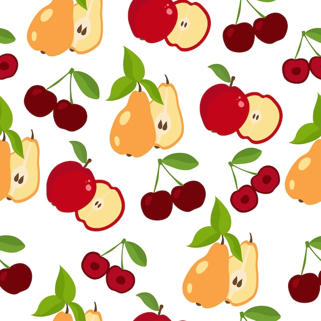 Apple pear and cherry with leaves seamless pattern on white background