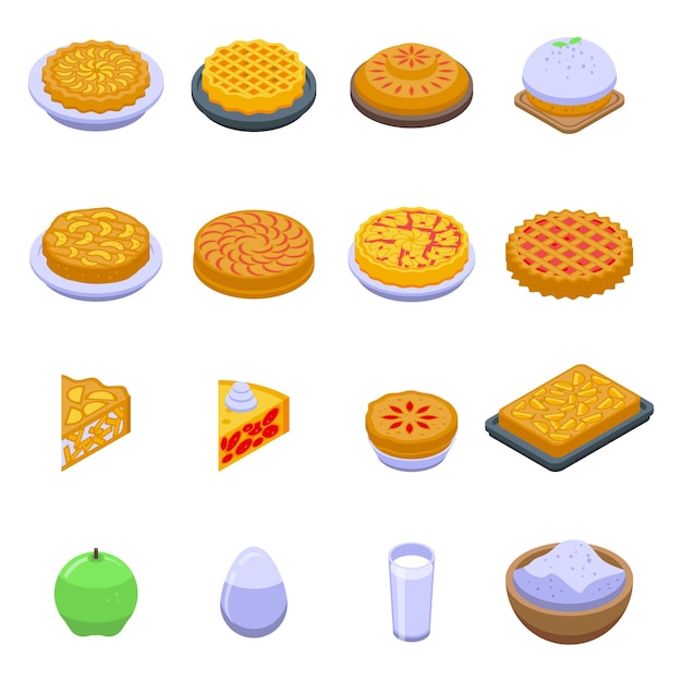 Apple pie icons set. Isometric set of apple pie  icons for web  isolated on white background