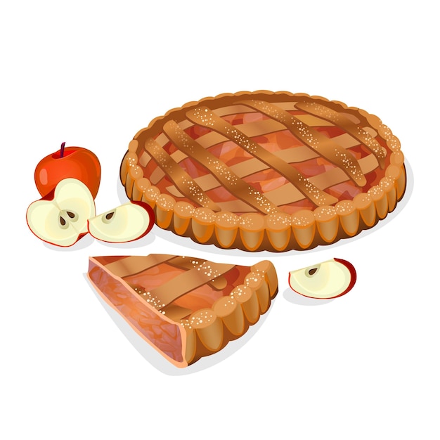 Apple pie with fruits, cut slice isolated. Traditional homemade tasty cake. Apple elements nearby. Fresh bakery. Principal filling ingredient is apple. Baked sweet cooking.  illustration