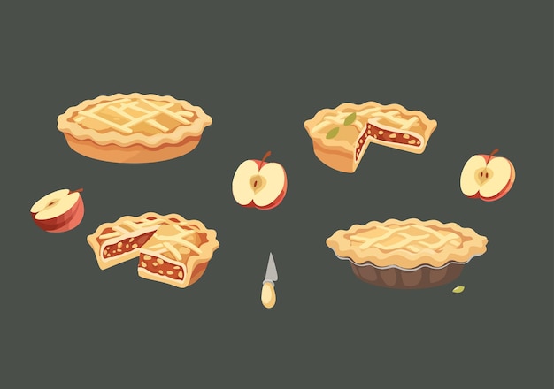 Vector apple pies and sliced apples arranged on dark