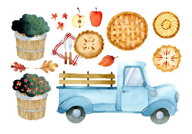 Apple pies for Thanksgiving watercolor elements set