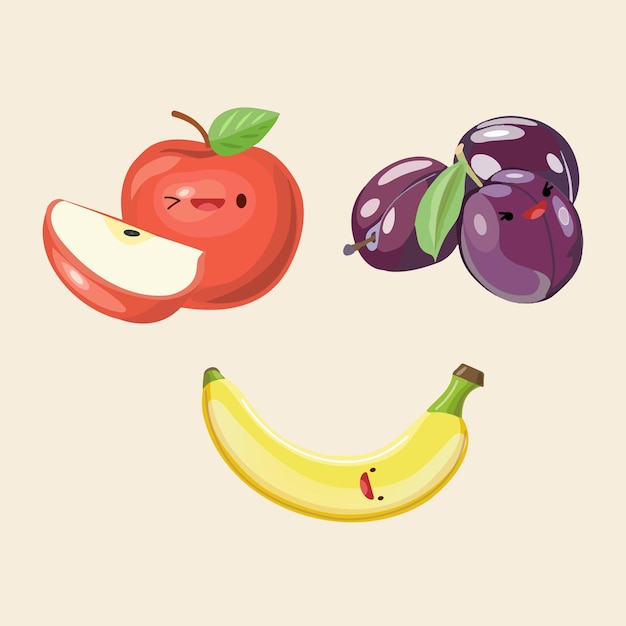 Apple, plum and banana, icon cute illustration, Sticker kawaii cartoon logos, Fruit concept