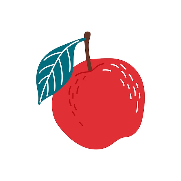 Apple red fruit with stem and leaf isolated flat cartoon style icon Vector summer dessert vegetarian organic apple dieting snack natural fruit Fruity nutrition object healthy dieting eating food